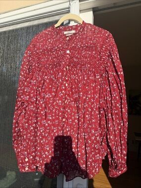 Isabel Marant Red Floral Smocked Button-Up cotton Blouse